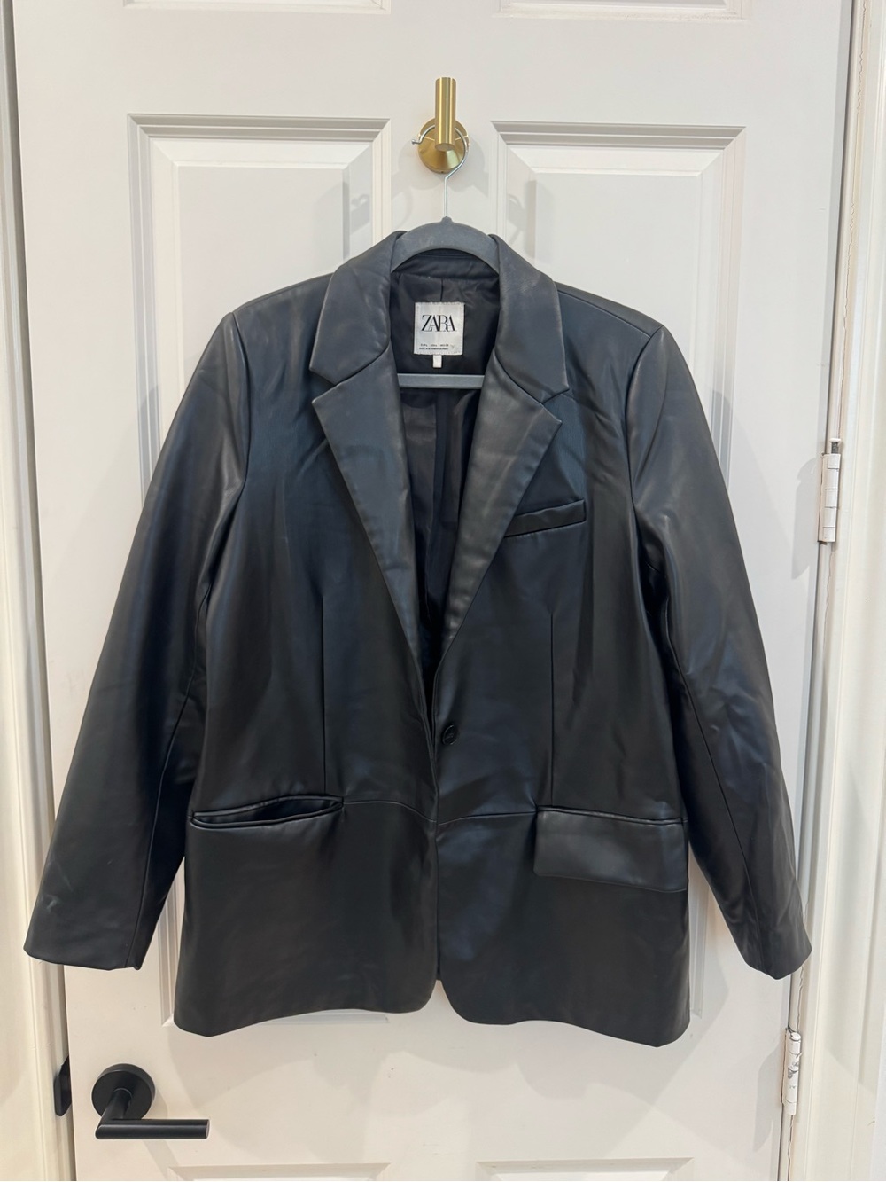 ZARA Black Faux Leather Blazer Jacket with Notch Lapel